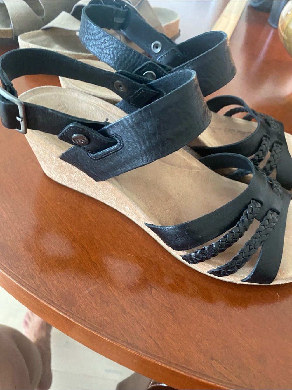 UGG Black Braided Strap Wedge Sandals size 8.5, leather, like new